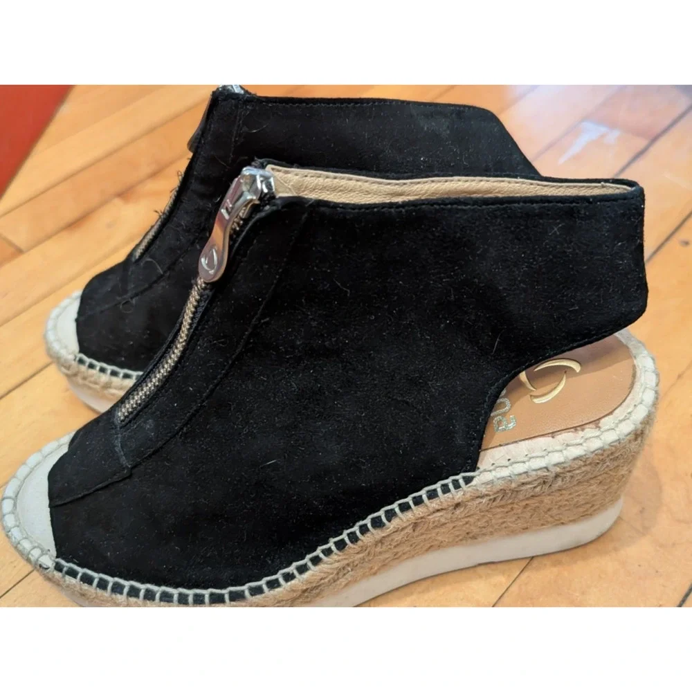 Kanna Womens Moira‎ Sandals Black Suede Wedge Espadrilles Sandals Size 37